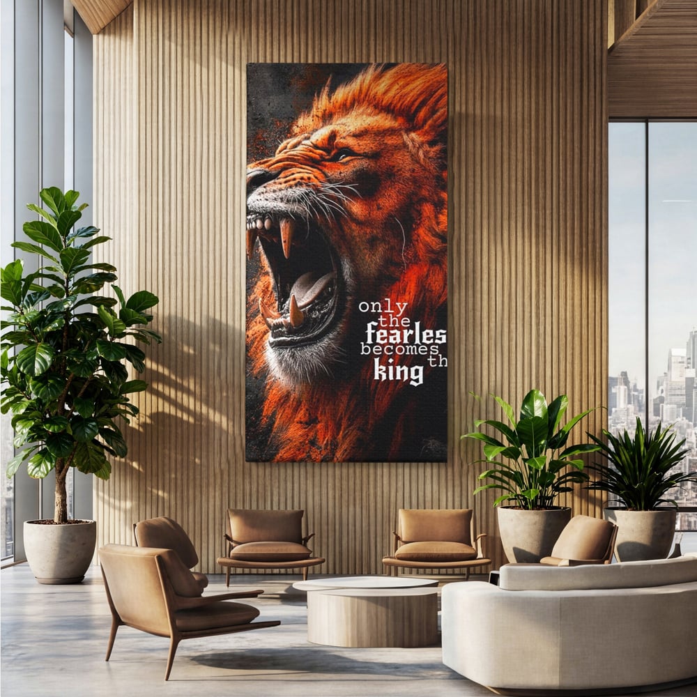 Tablou canvas cu ilustratie digitala cu leu care raguseste, fara rama, pe sasiu de lemn, pe perete intr-un birou